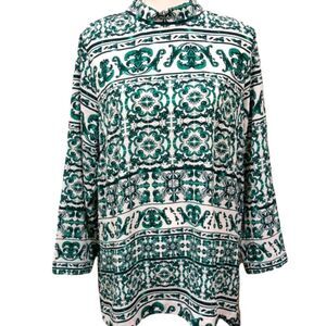 H&M Blouse Size 14 Long Sleeve Flowy Green and White Print Longer Top